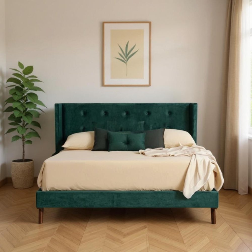 Green Wood And Tufted Velvet King Bed Frame