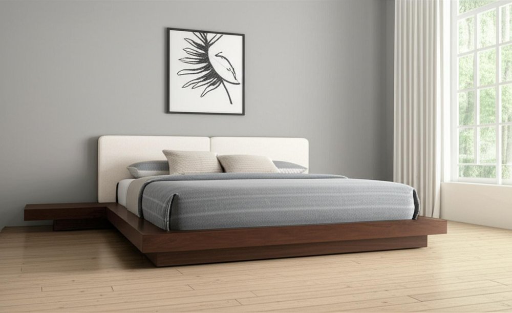 Walnut and White Wood And Faux Leather Queen Bed Frame With Attached Nightstands