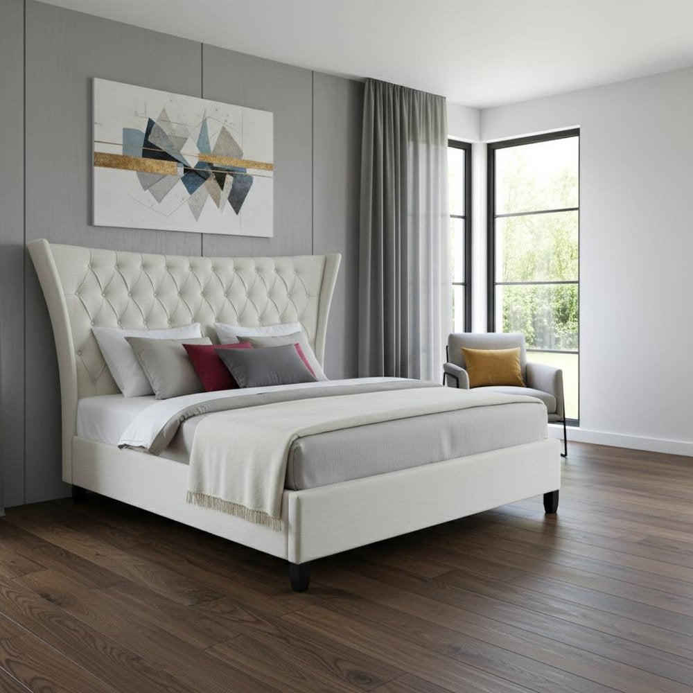 Beige King Diamond Button Tufted Upholstered Bed Frame