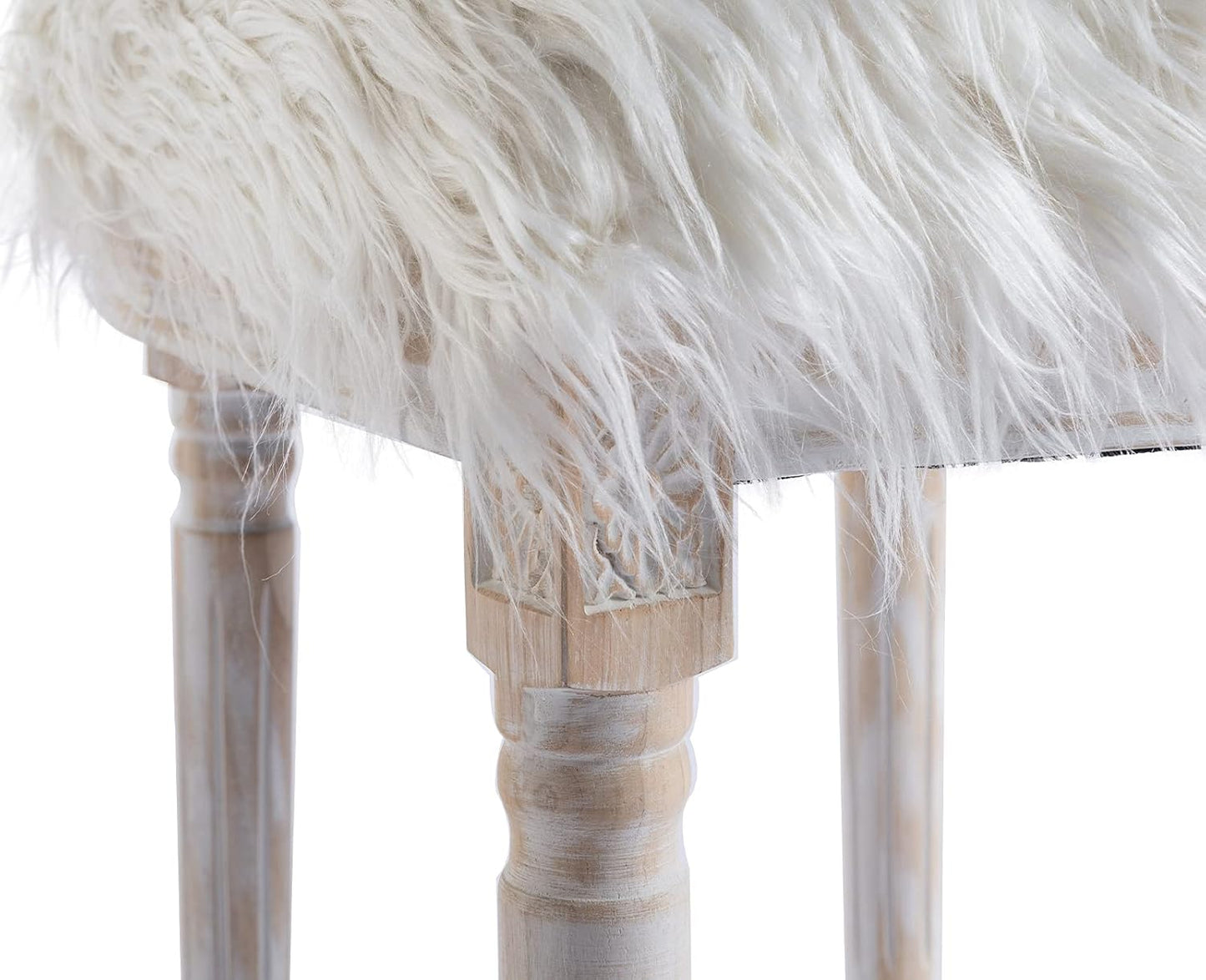 Kmax Faux Fur Elegant Kitchen Chairs Farmhouse Dining Room Chairs Bedroom Vanity Chairs Wood Legs with round Back, White