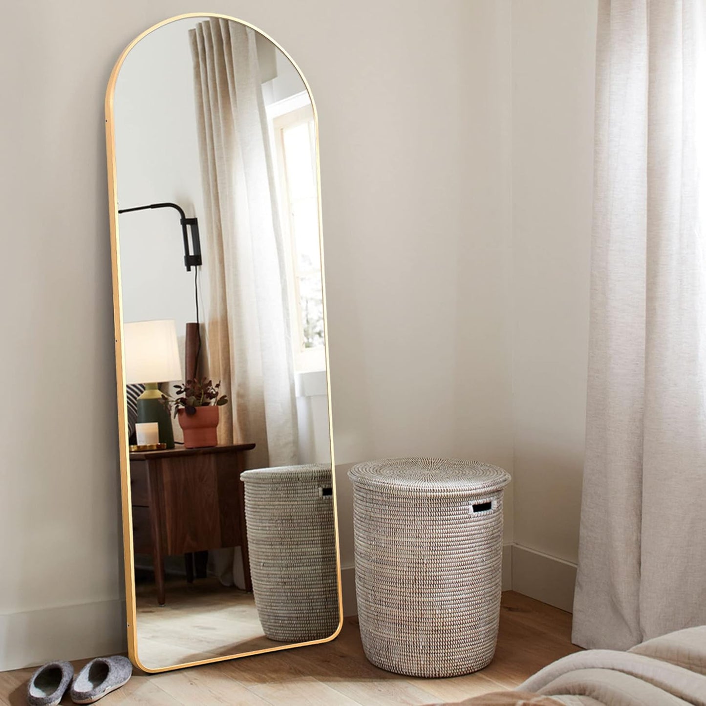 KIAYACI Arched Floor Mirror Wood Frame Wall Mounted Mirror Distressed Style Wide Frame Dressing Make up Mirror for Bathroom/Bedroom/Living Room/Dining Room/Entry/Farmhouse (Light Gray, 64" X 21")…
