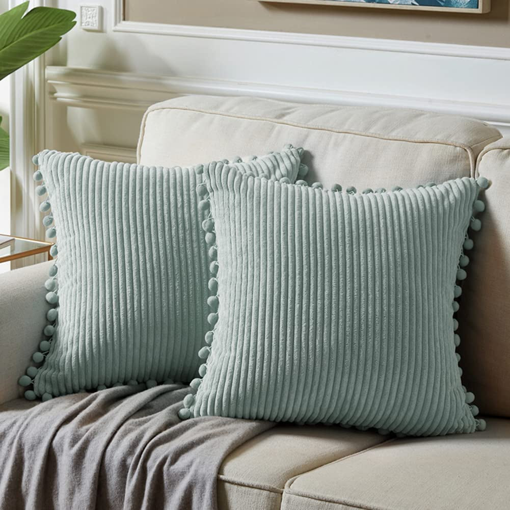 Fancy Homi Dark Gray Decorative Throw Pillow Covers 18X18 Inch with Pom Poms, Boho Farmhouse Home Decor, Soft Corduroy Accent Square Cushion Case for Living Room Couch Bed Sofa 45X45 Cm