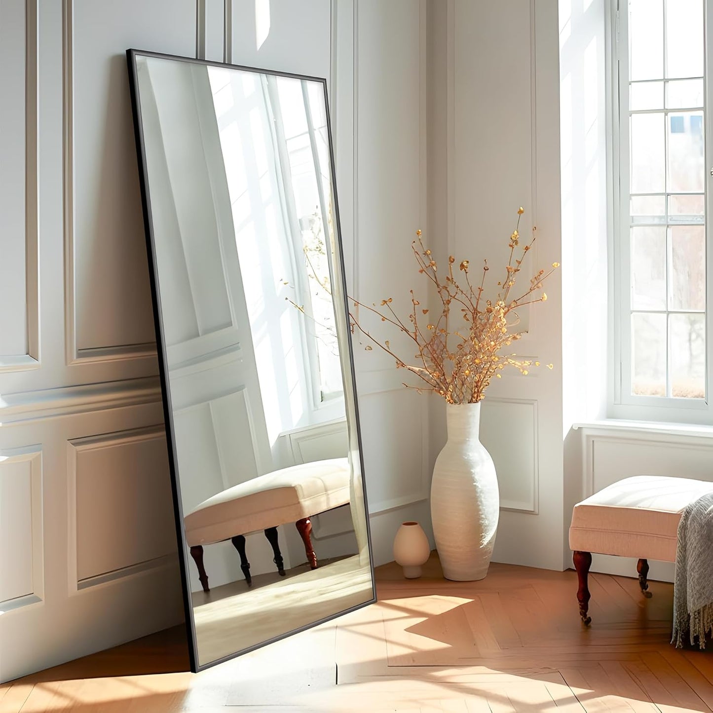 KIAYACI Arched Floor Mirror Wood Frame Wall Mounted Mirror Distressed Style Wide Frame Dressing Make up Mirror for Bathroom/Bedroom/Living Room/Dining Room/Entry/Farmhouse (Light Gray, 64" X 21")…