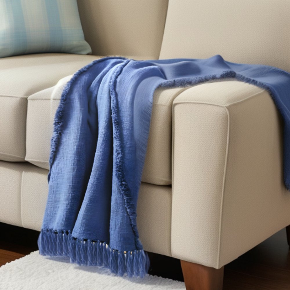 60" X 50" Blue Woven Cotton Throw Blanket with Fringe