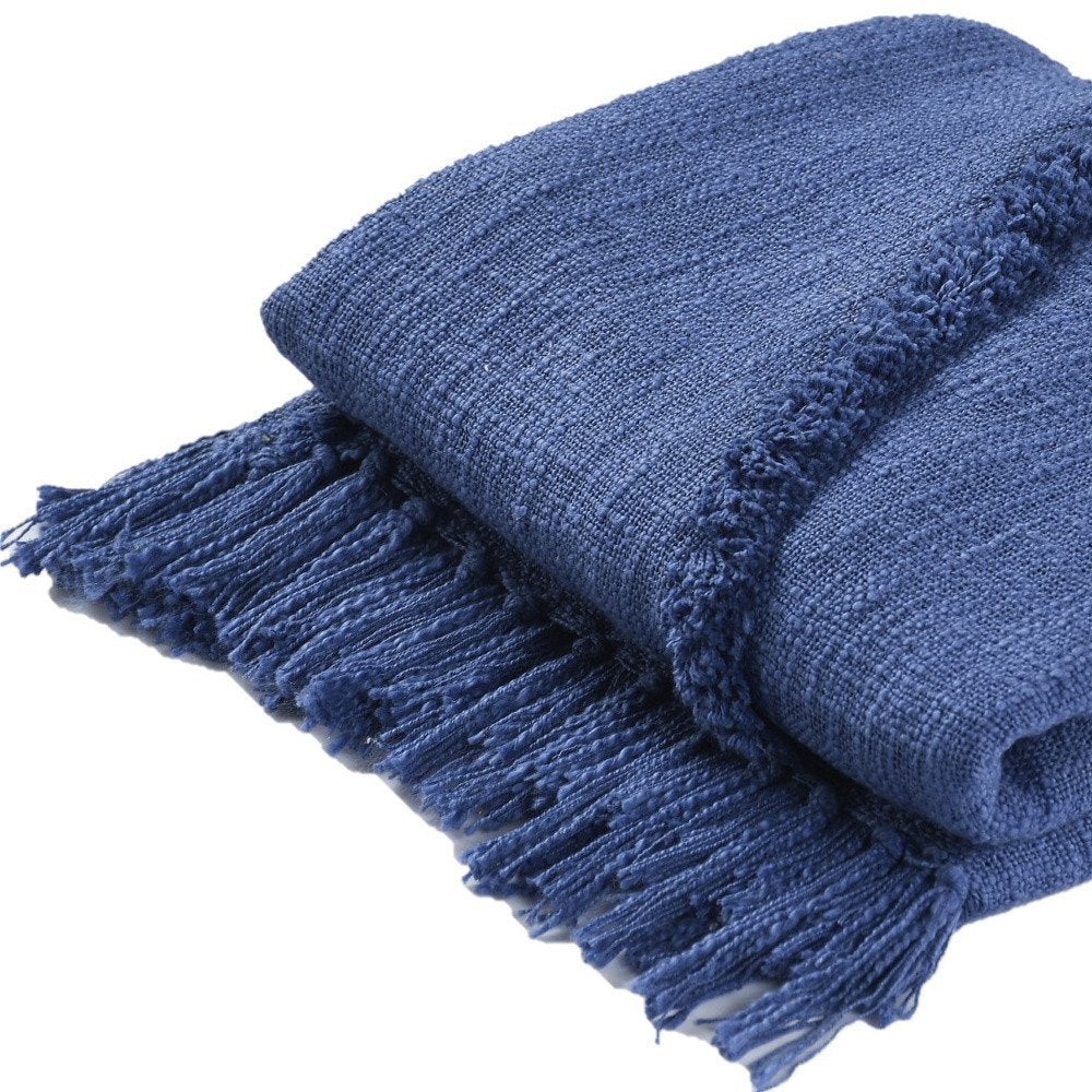 60" X 50" Blue Woven Cotton Throw Blanket with Fringe