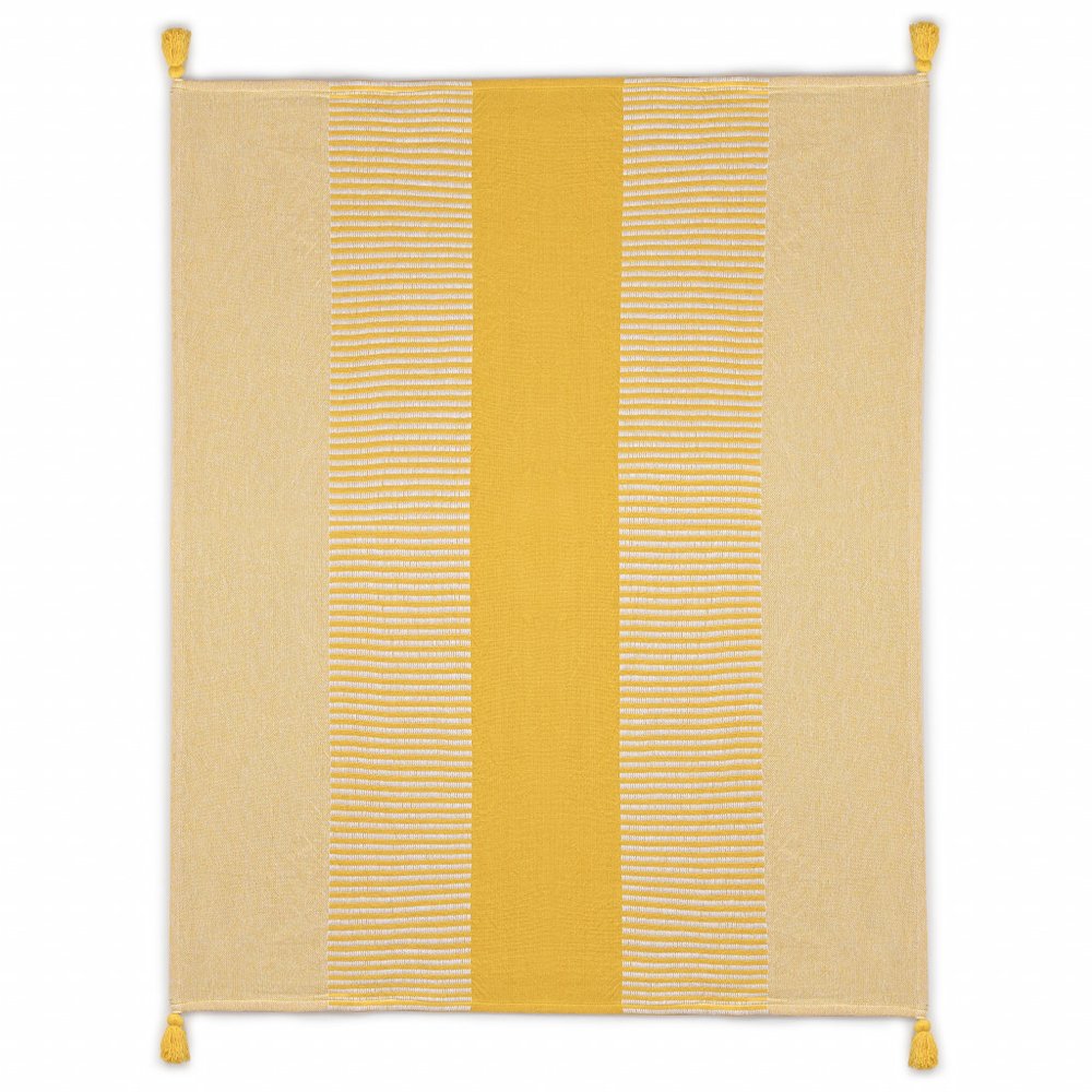 50" X 60" Yellow Woven Cotton Striped Throw Blanket with Tassels