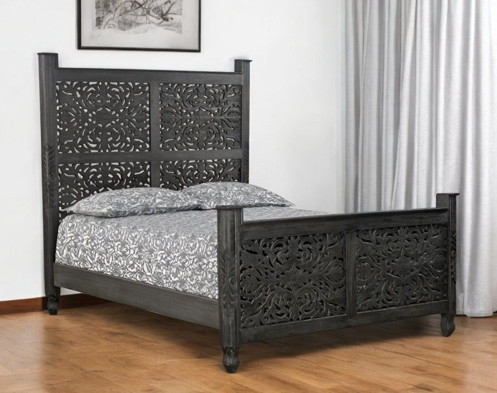 Black Carved Floral Distressed Solid Wood Queen Bed Frame