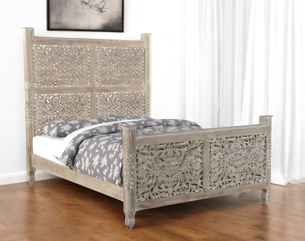 Gray Carved Floral Distressed Solid Wood Queen Bed Frame