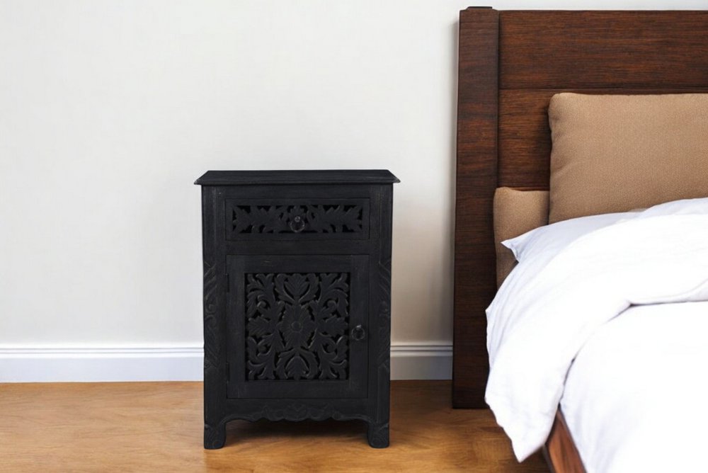 30" Black Solid Wood Distressed One Drawer Nightstand