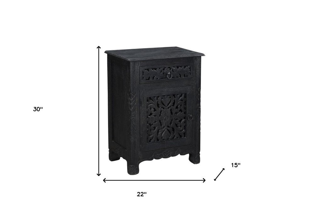 30" Black Solid Wood Distressed One Drawer Nightstand