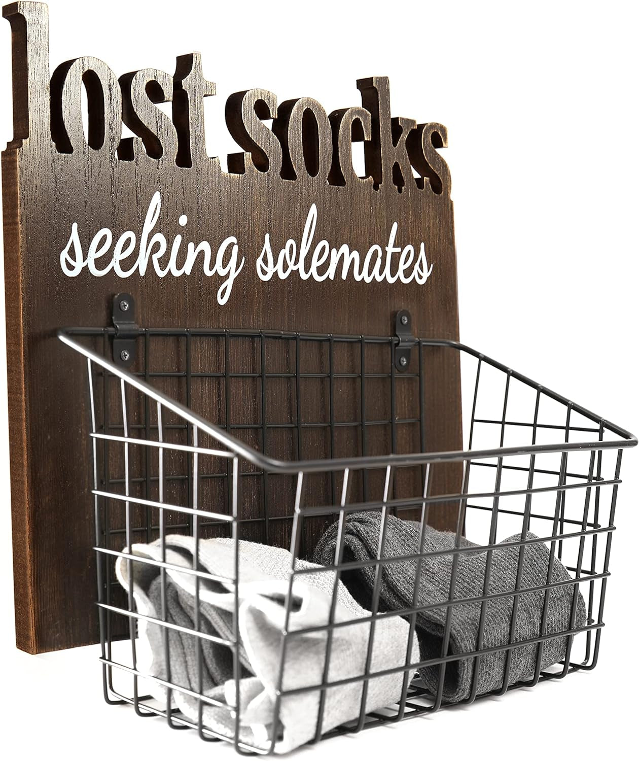 Cutout Letters Lost Socks - Laundry Room Organization, Farmhouse Laundry Room Decor and Accessories - House Decor Rustic Wooden Laundry Sign Wall Decor with Attached Basket - Black