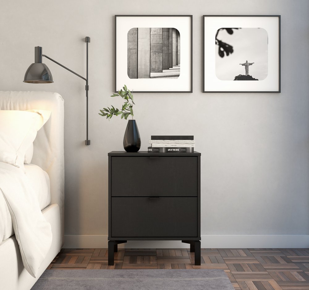 24" Black Two Drawer Faux Wood Nightstand