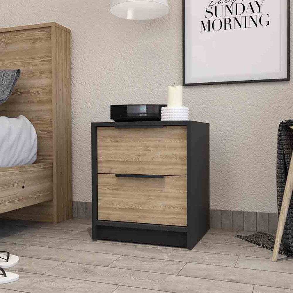 19" Black And Natural Wood Two Drawer Nightstand