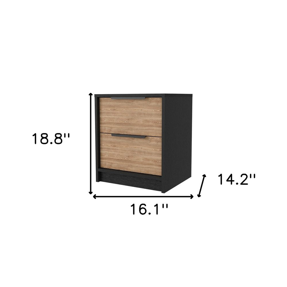 19" Black And Natural Wood Two Drawer Nightstand