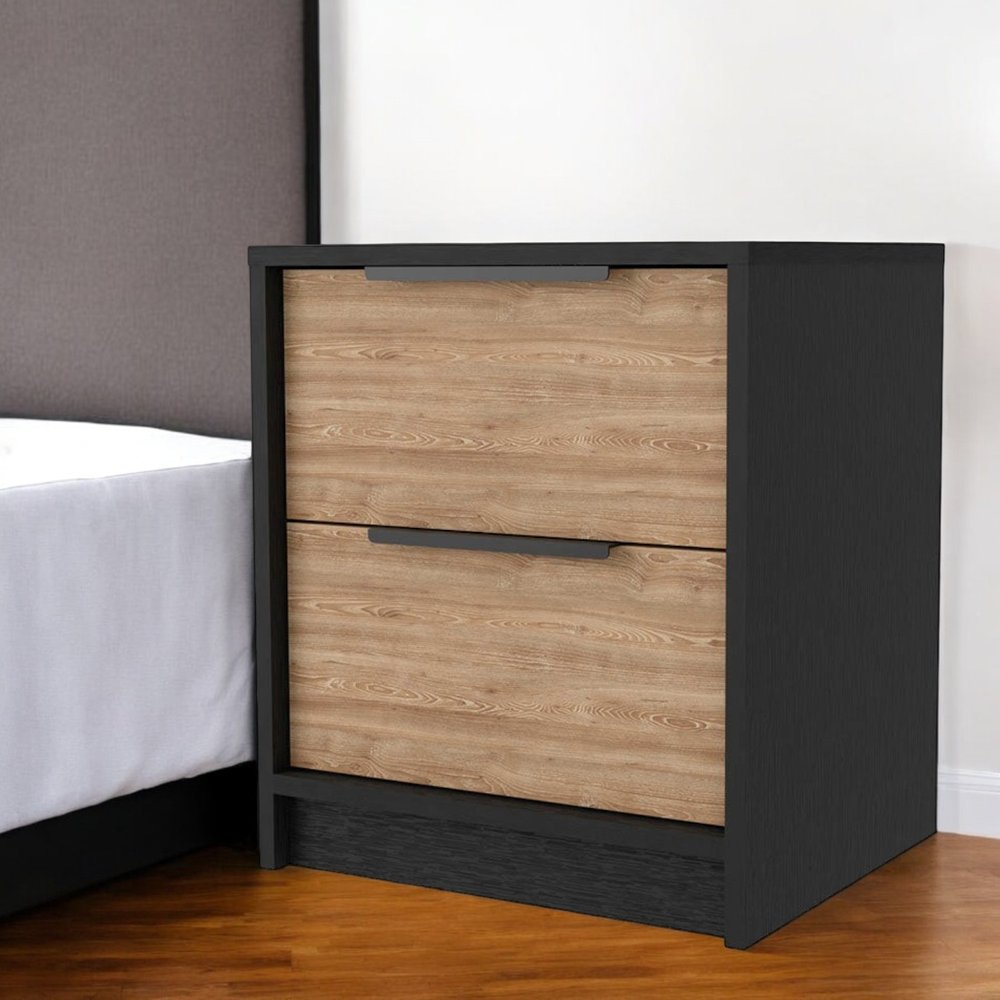 19" Black And Natural Wood Two Drawer Nightstand