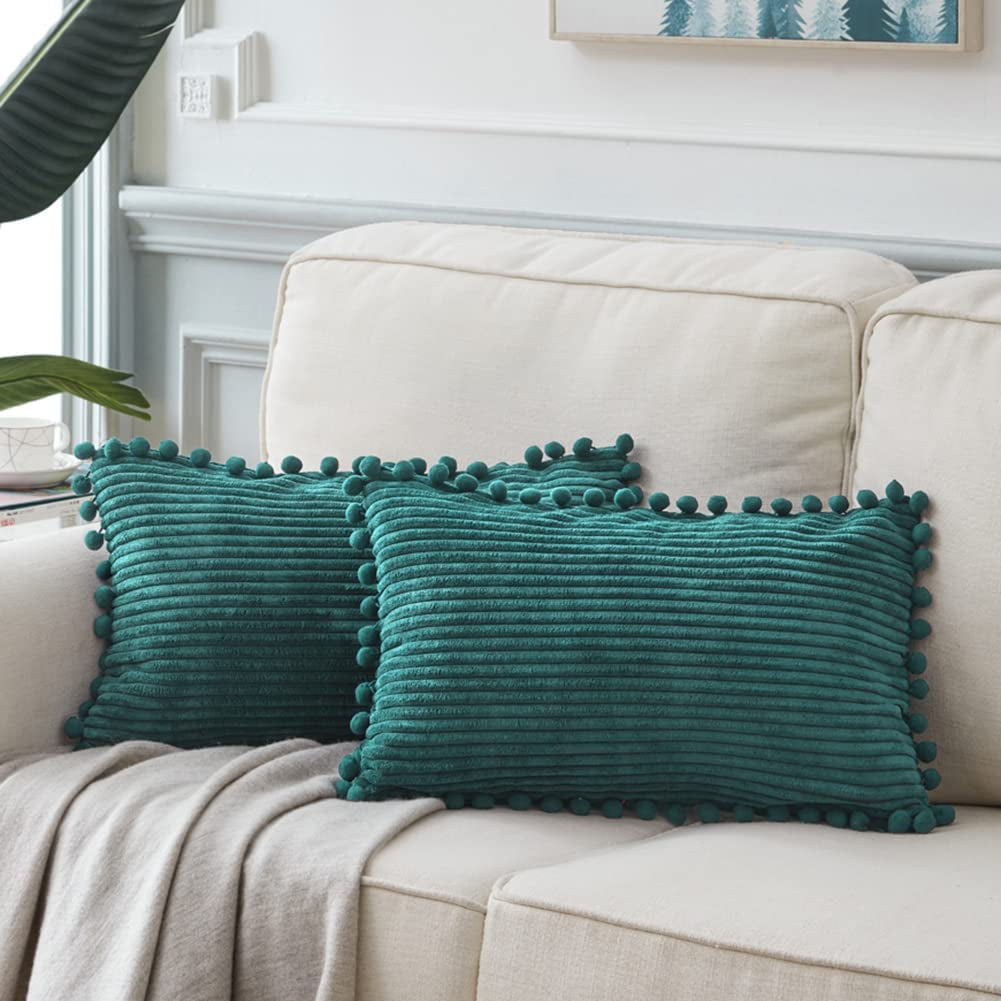 Fancy Homi Dark Gray Decorative Throw Pillow Covers 18X18 Inch with Pom Poms, Boho Farmhouse Home Decor, Soft Corduroy Accent Square Cushion Case for Living Room Couch Bed Sofa 45X45 Cm