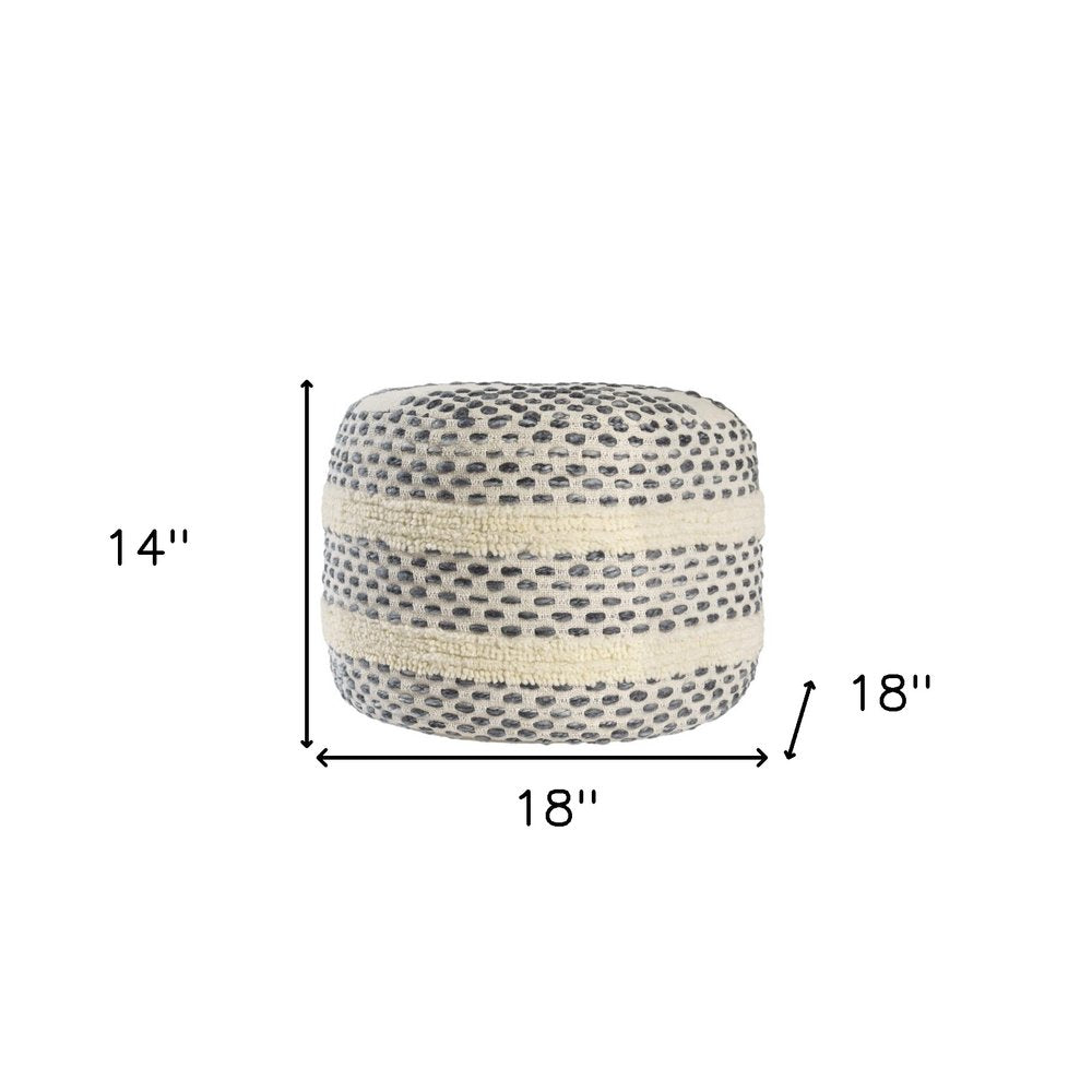 18" Ivory And Brown Cotton Blend Round Striped Pouf Ottoman