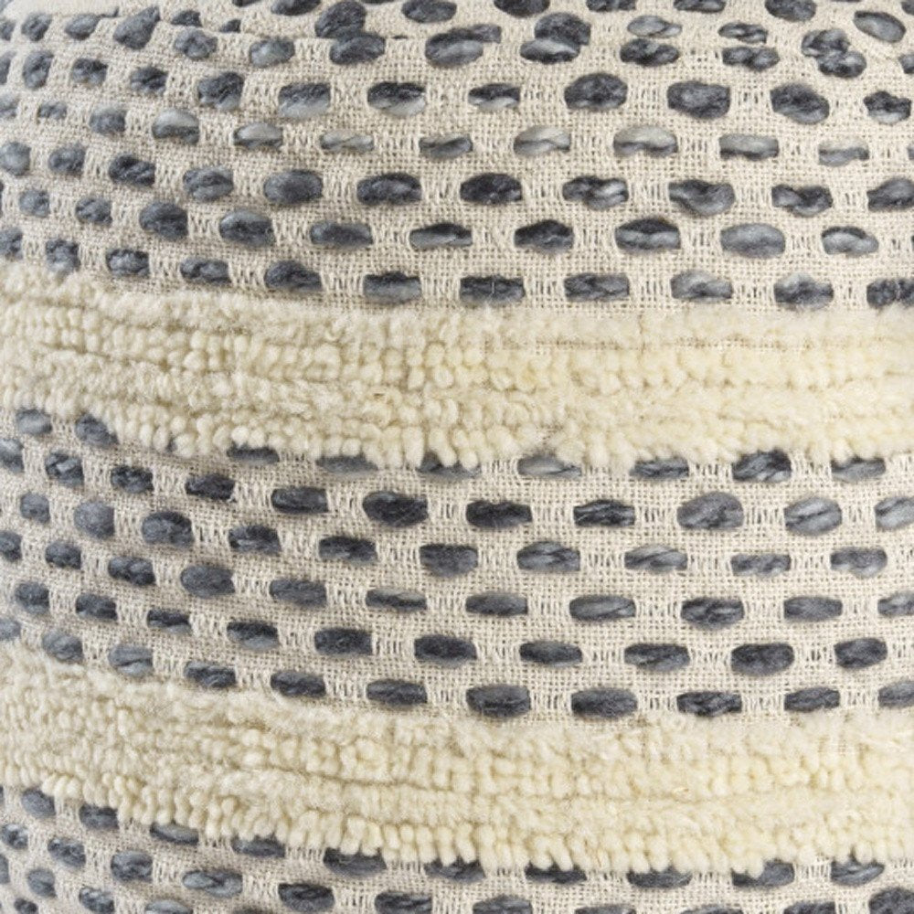 18" Ivory And Brown Cotton Blend Round Striped Pouf Ottoman