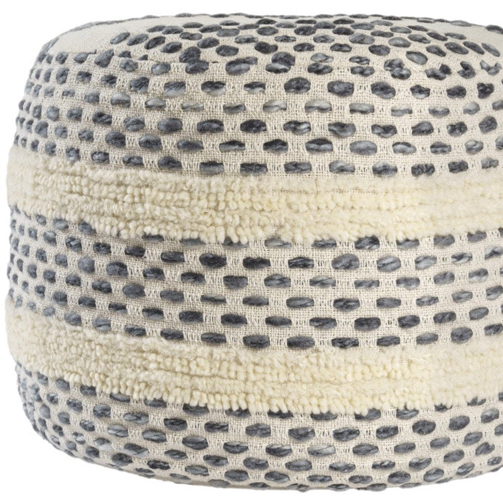 18" Ivory And Brown Cotton Blend Round Striped Pouf Ottoman