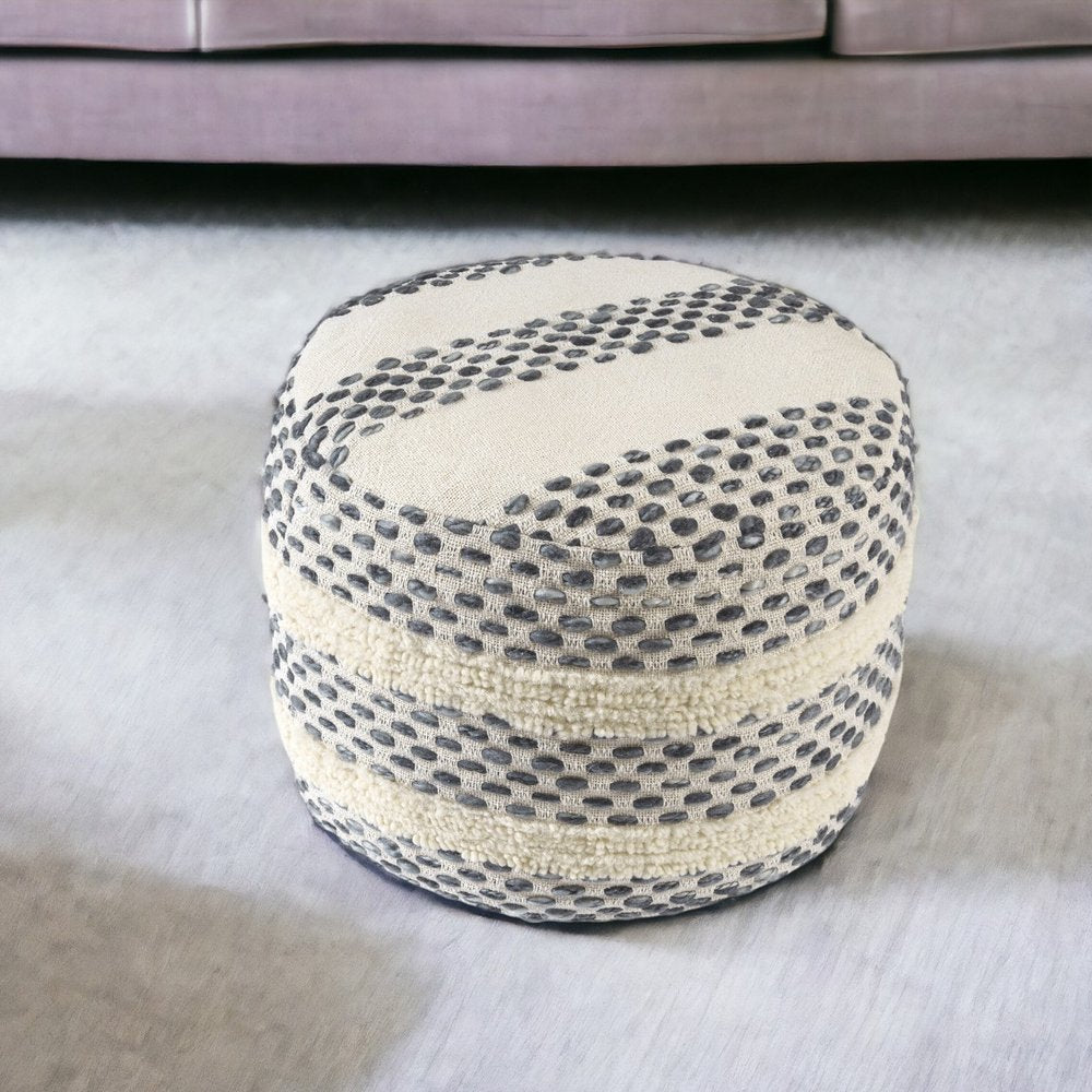 18" Ivory And Brown Cotton Blend Round Striped Pouf Ottoman