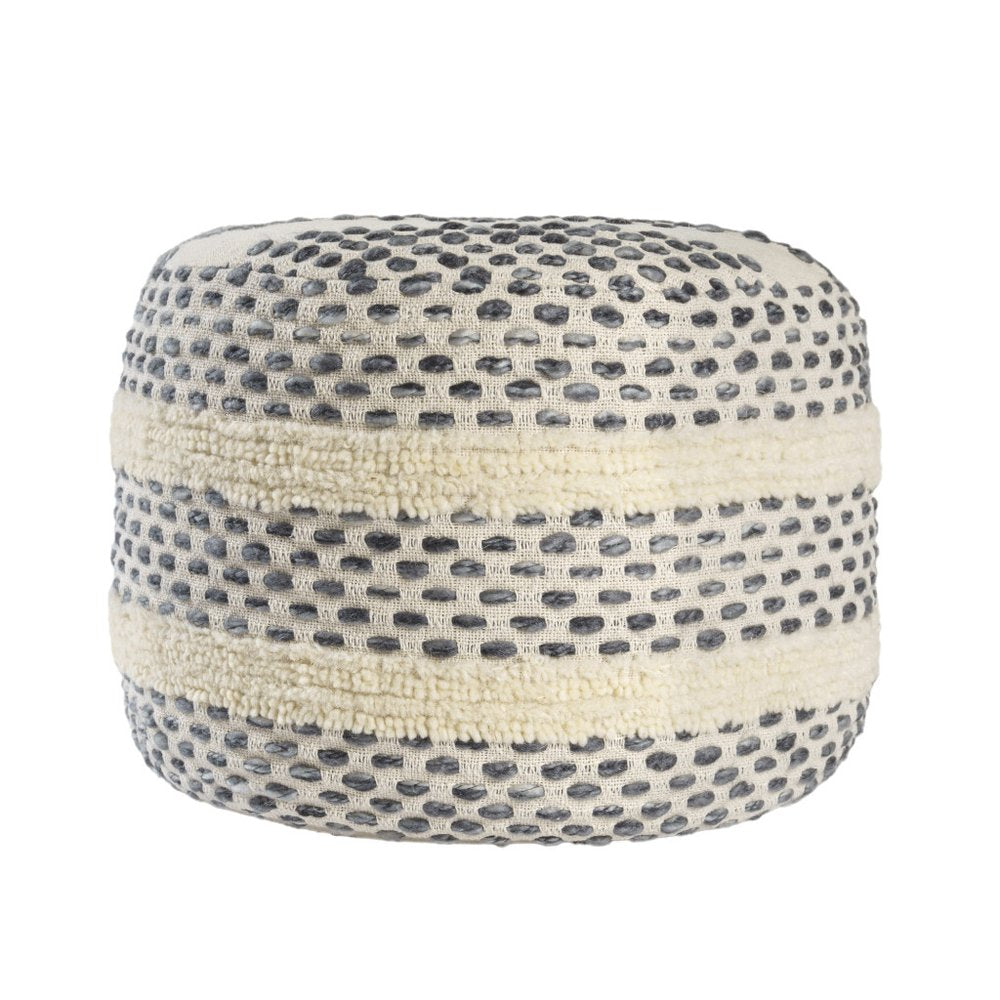 18" Ivory And Brown Cotton Blend Round Striped Pouf Ottoman
