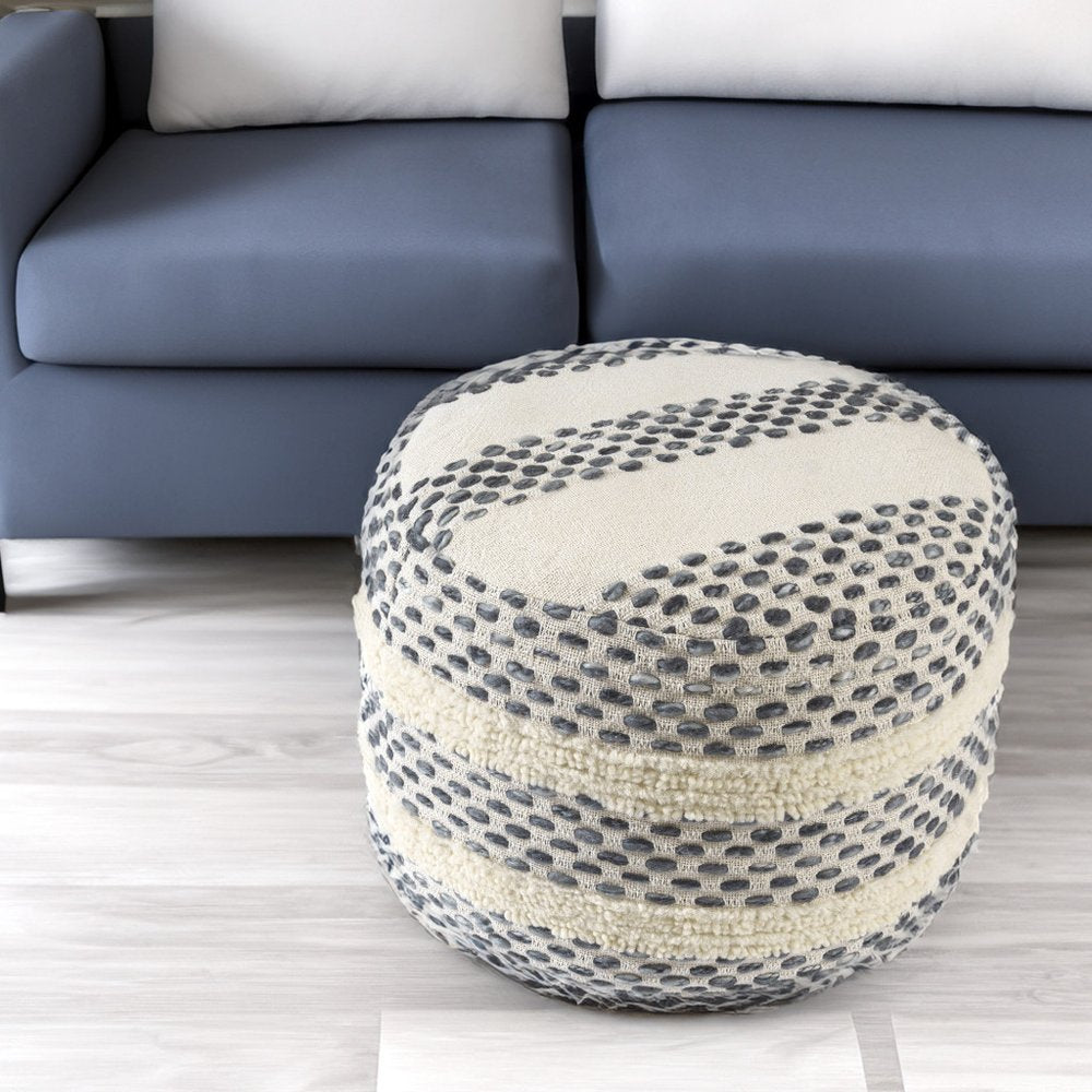 18" Ivory And Brown Cotton Blend Round Striped Pouf Ottoman