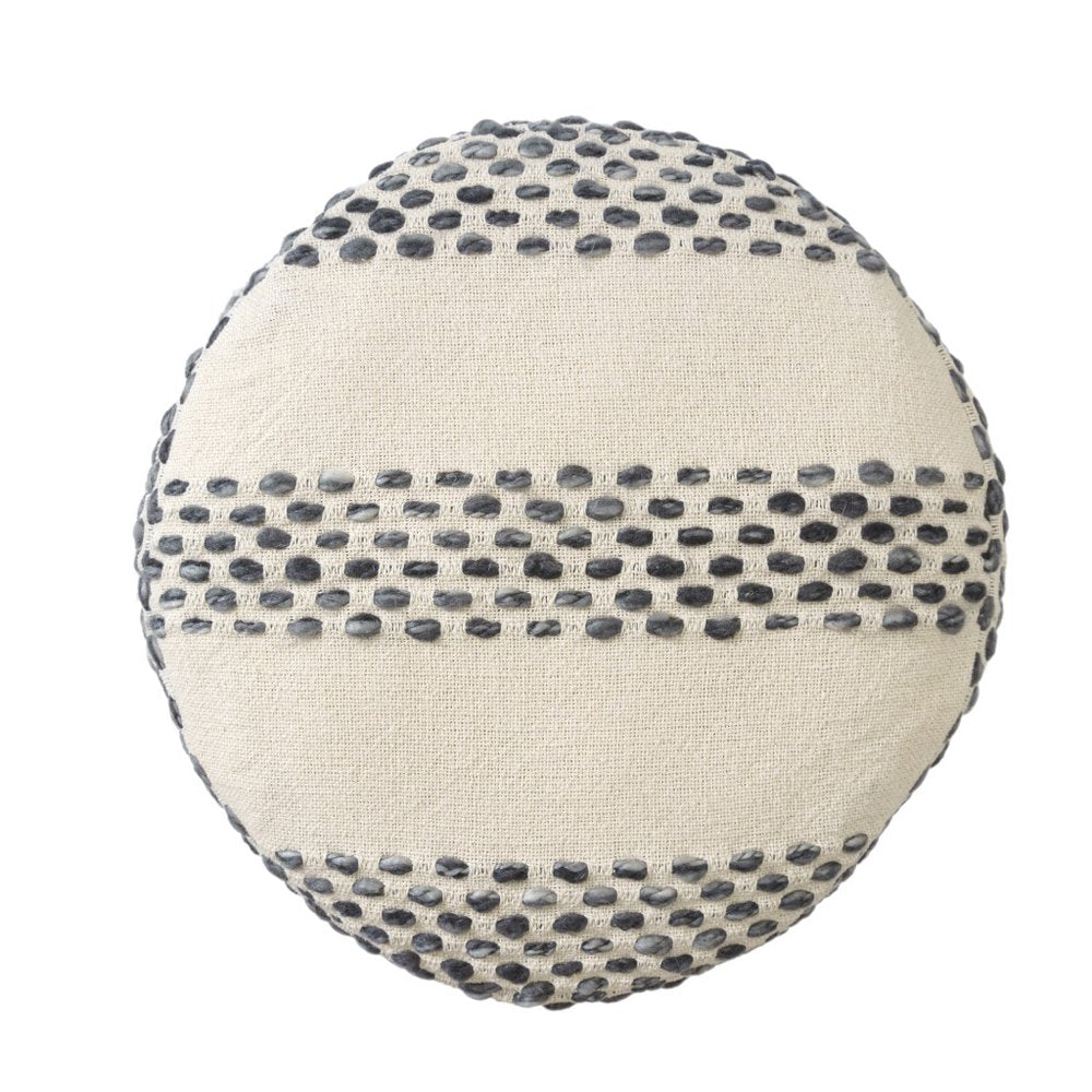 18" Ivory And Brown Cotton Blend Round Striped Pouf Ottoman