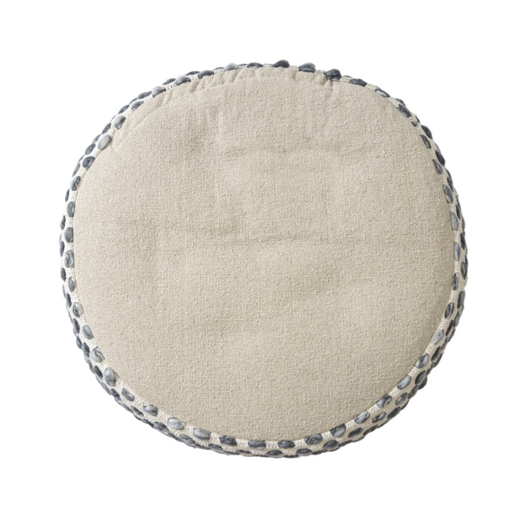 18" Ivory And Brown Cotton Blend Round Striped Pouf Ottoman