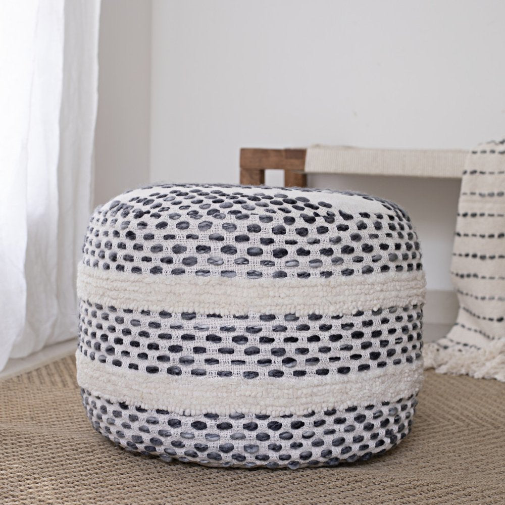 18" Ivory And Brown Cotton Blend Round Striped Pouf Ottoman