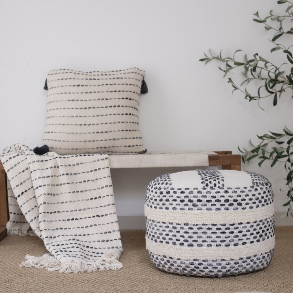 18" Ivory And Brown Cotton Blend Round Striped Pouf Ottoman
