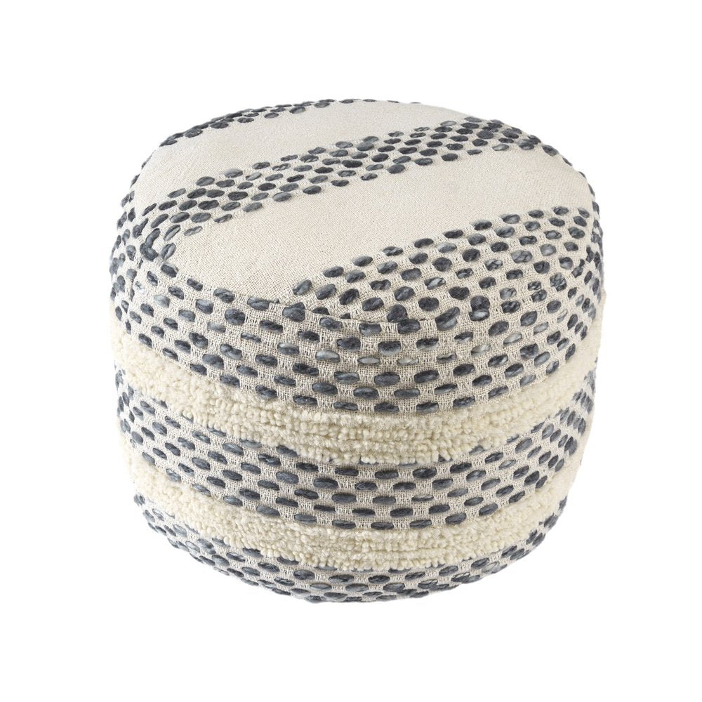 18" Ivory And Brown Cotton Blend Round Striped Pouf Ottoman