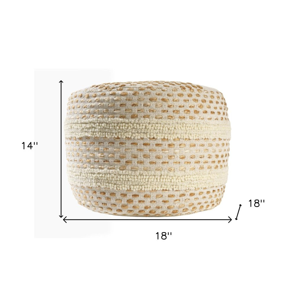 18" Ivory And Brown Cotton Blend Round Striped Pouf Ottoman