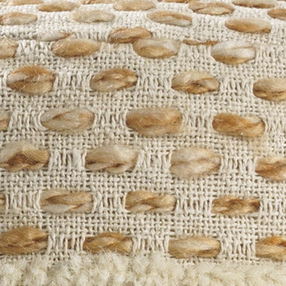 18" Ivory And Brown Cotton Blend Round Striped Pouf Ottoman