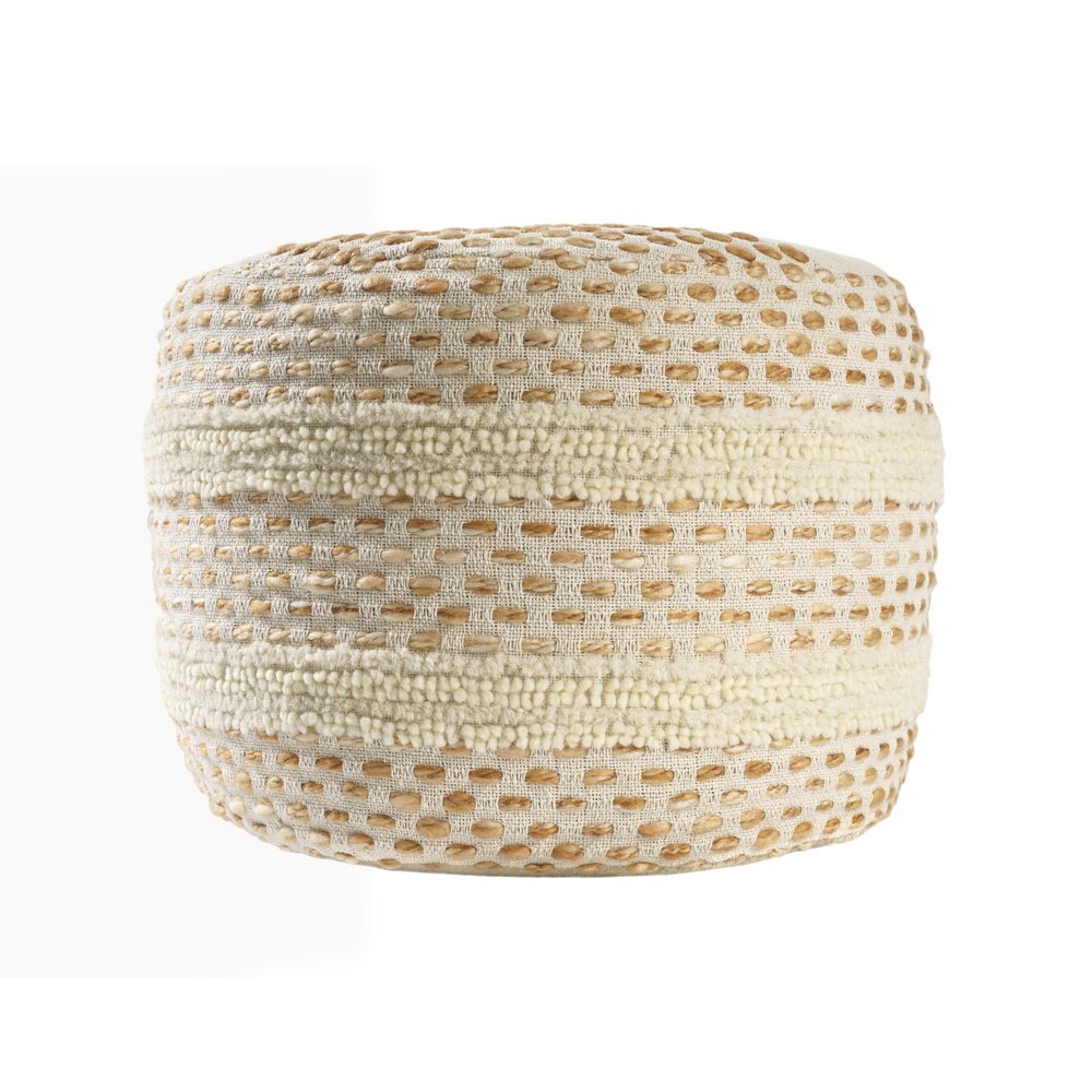 18" Ivory And Brown Cotton Blend Round Striped Pouf Ottoman