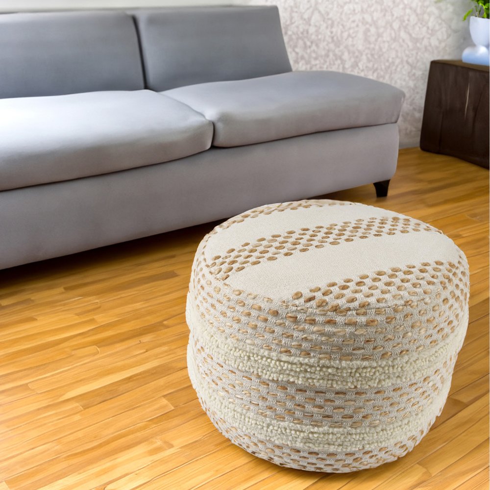 18" Ivory And Brown Cotton Blend Round Striped Pouf Ottoman