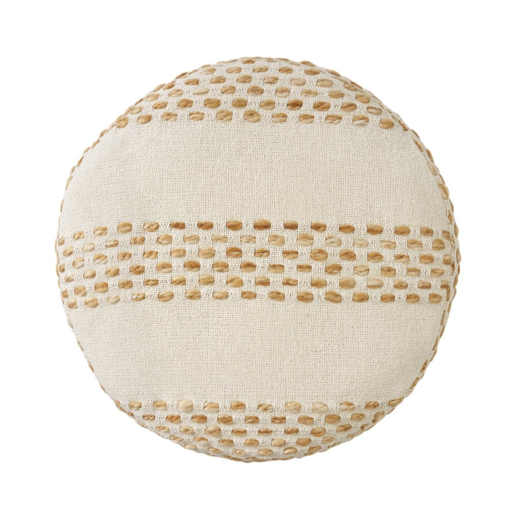 18" Ivory And Brown Cotton Blend Round Striped Pouf Ottoman