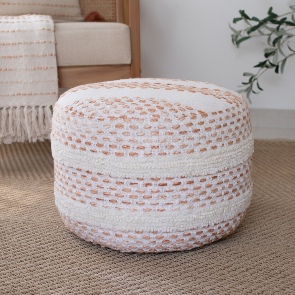 18" Ivory And Brown Cotton Blend Round Striped Pouf Ottoman
