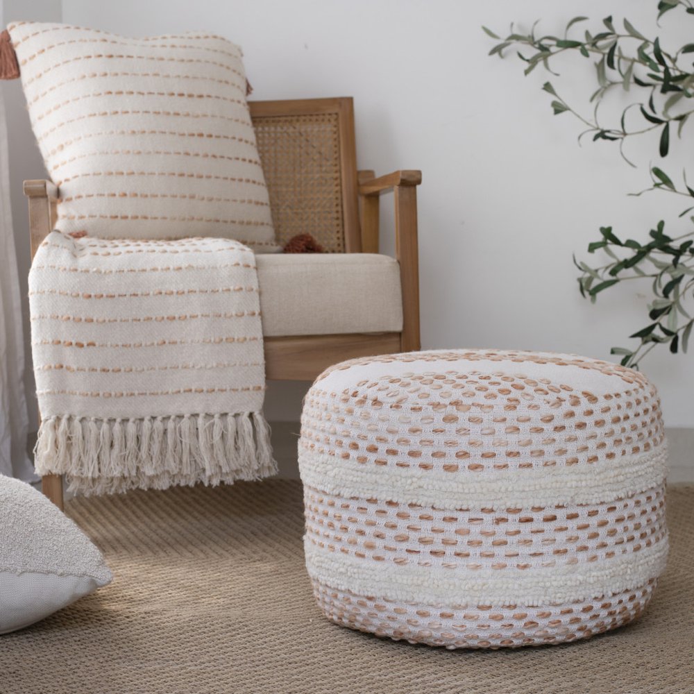 18" Ivory And Brown Cotton Blend Round Striped Pouf Ottoman