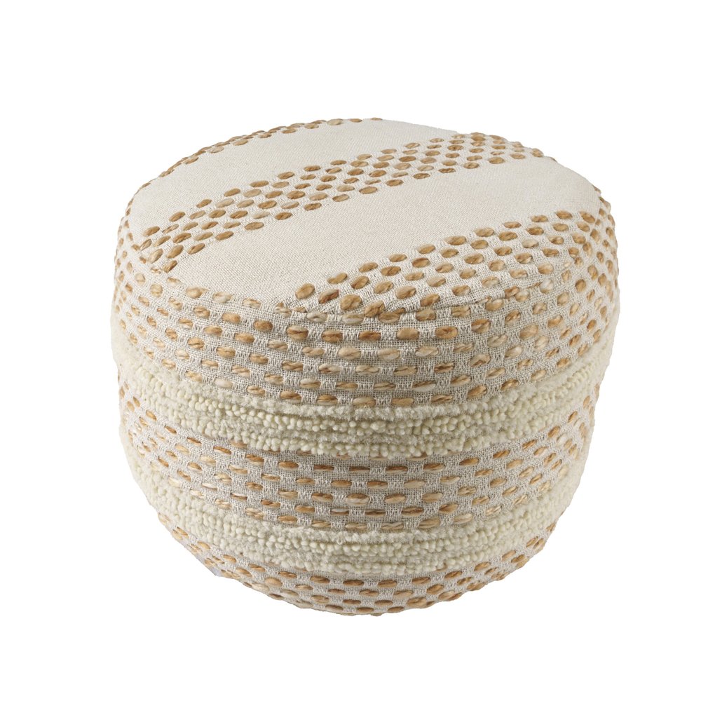 18" Ivory And Brown Cotton Blend Round Striped Pouf Ottoman