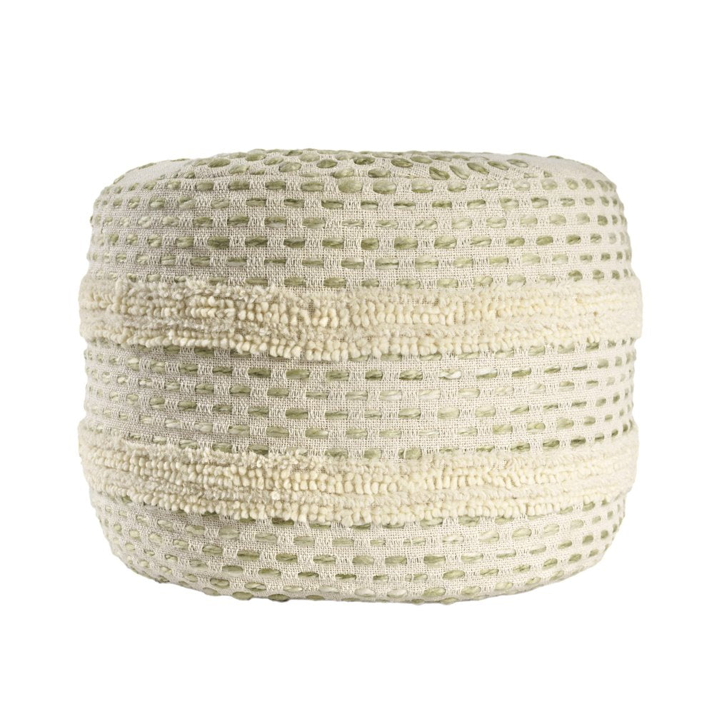 18" Ivory And Brown Cotton Blend Round Striped Pouf Ottoman