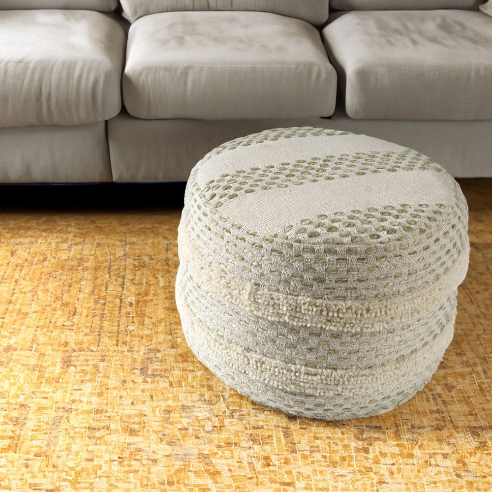 18" Ivory And Brown Cotton Blend Round Striped Pouf Ottoman