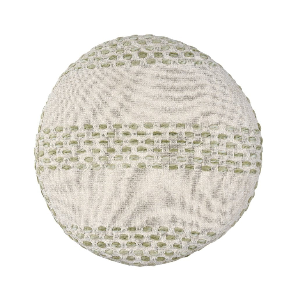 18" Ivory And Brown Cotton Blend Round Striped Pouf Ottoman