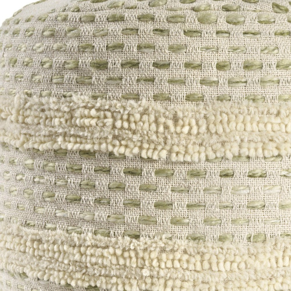 18" Ivory And Brown Cotton Blend Round Striped Pouf Ottoman