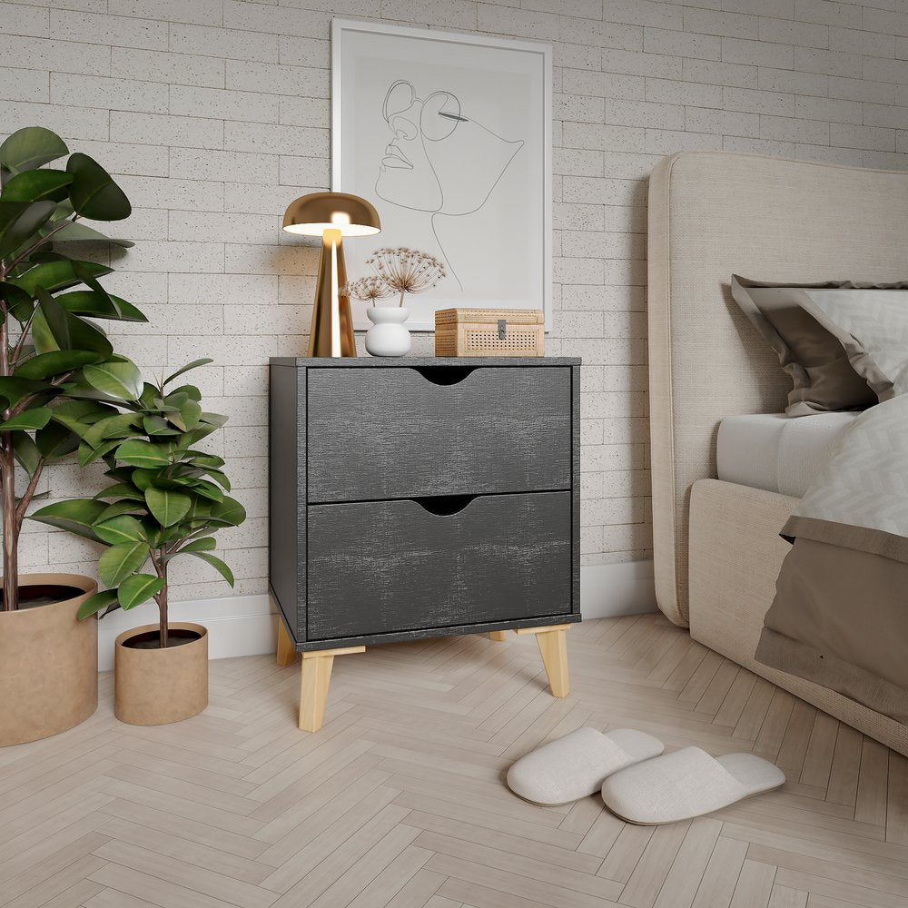 24" Black Wood Two Drawer Nightstand