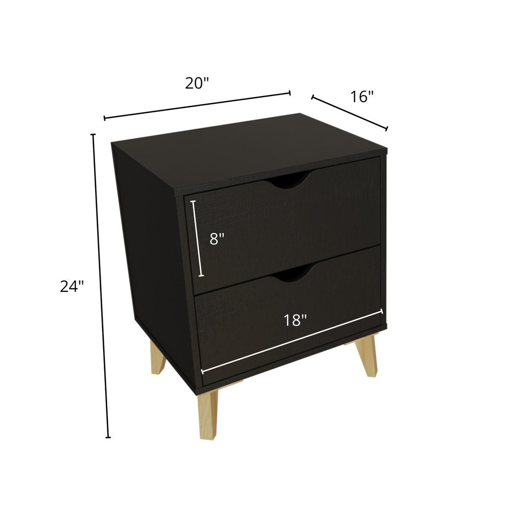 24" Black Wood Two Drawer Nightstand