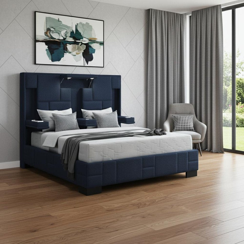 Navy Blue And Upholstered Lighted Queen Bed Frame with USB