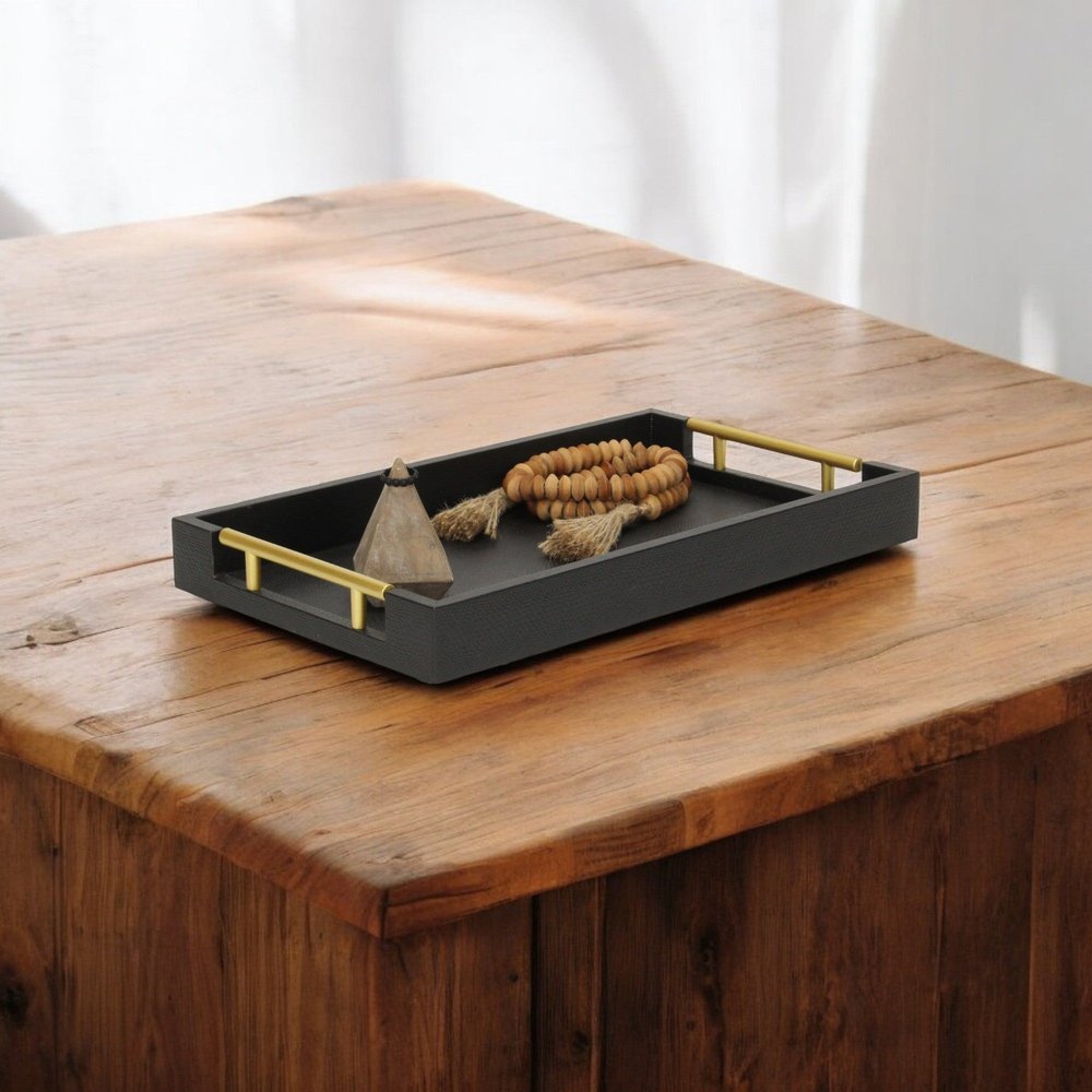 16" Black Wood Faux Shagreen Serving Tray With Handles