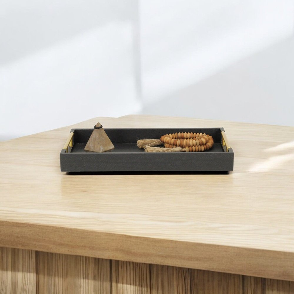 16" Black Wood Faux Shagreen Serving Tray With Handles