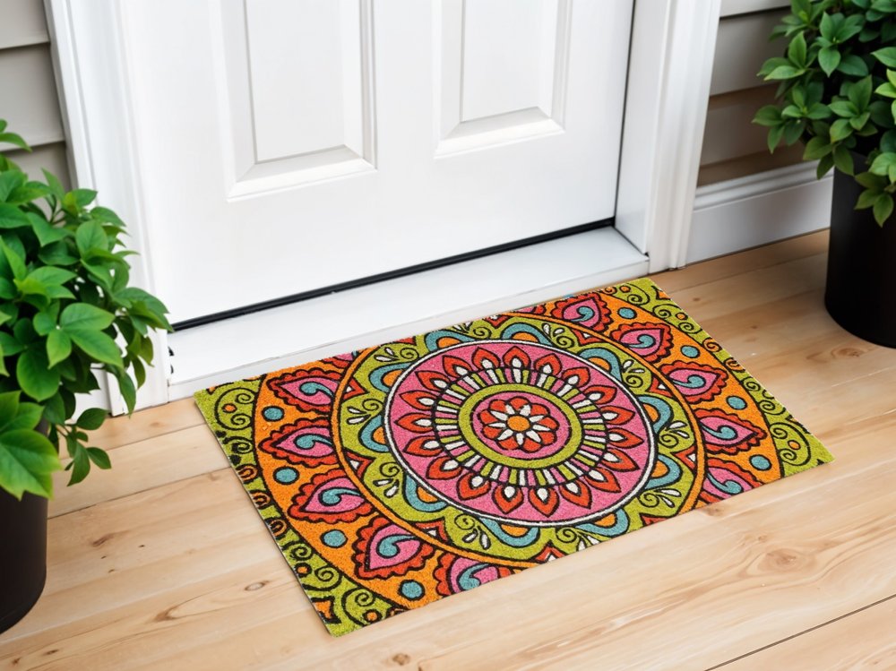 18" X 30" Green and Pink Coir Abstract Outdoor Door Mat
