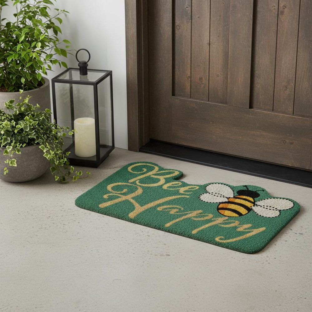 18" X 30" Beige and Green Coir Bees Outdoor Door Mat